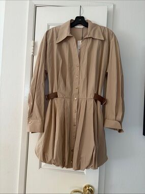 Zara Beige Long-Sleeve Shirt Dress with Side Buckle Details